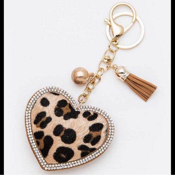 Accessories - Leopard Print Heart Keychain with Gold Accents clip on